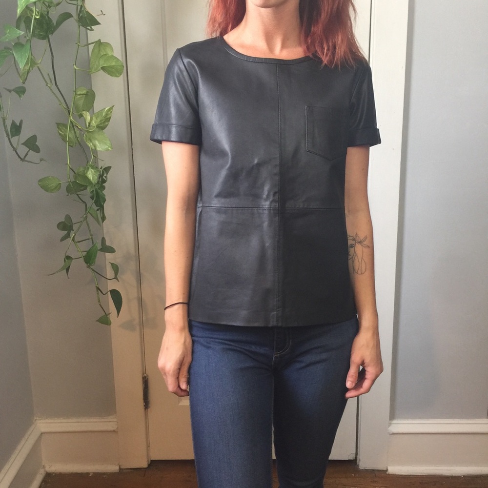 MAJE Genuine Goat Leather Short Sleeve Blouse Top - Picture 2 of 8